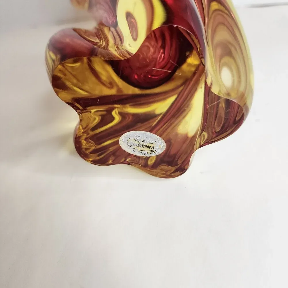 Vintage Hand Made Bohemia Glass Czech Republic Twisted Glass Vase Amber/Pink